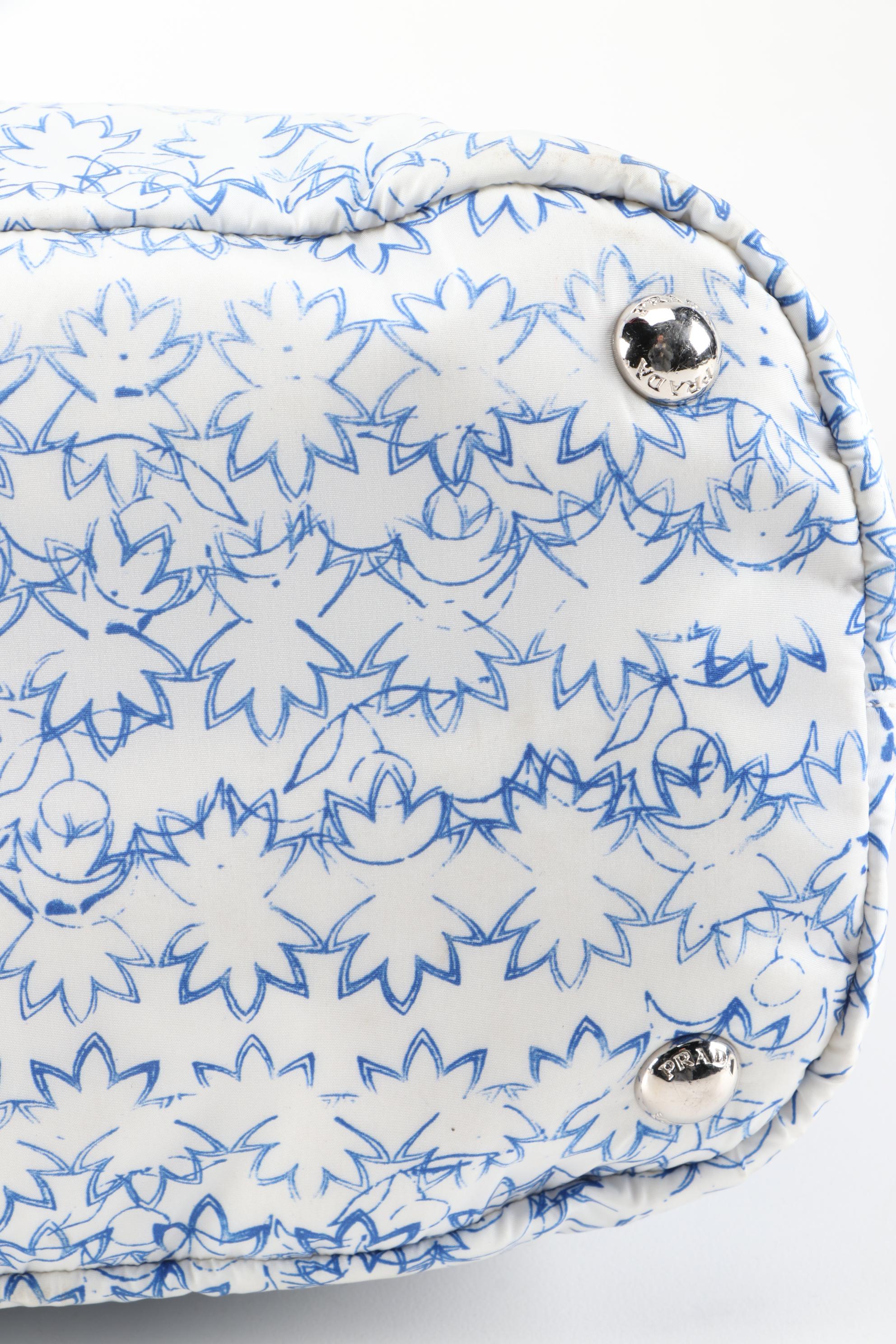 Prada Blue and White Leaf  Print Nylon and Black Saffiano Leather Tote