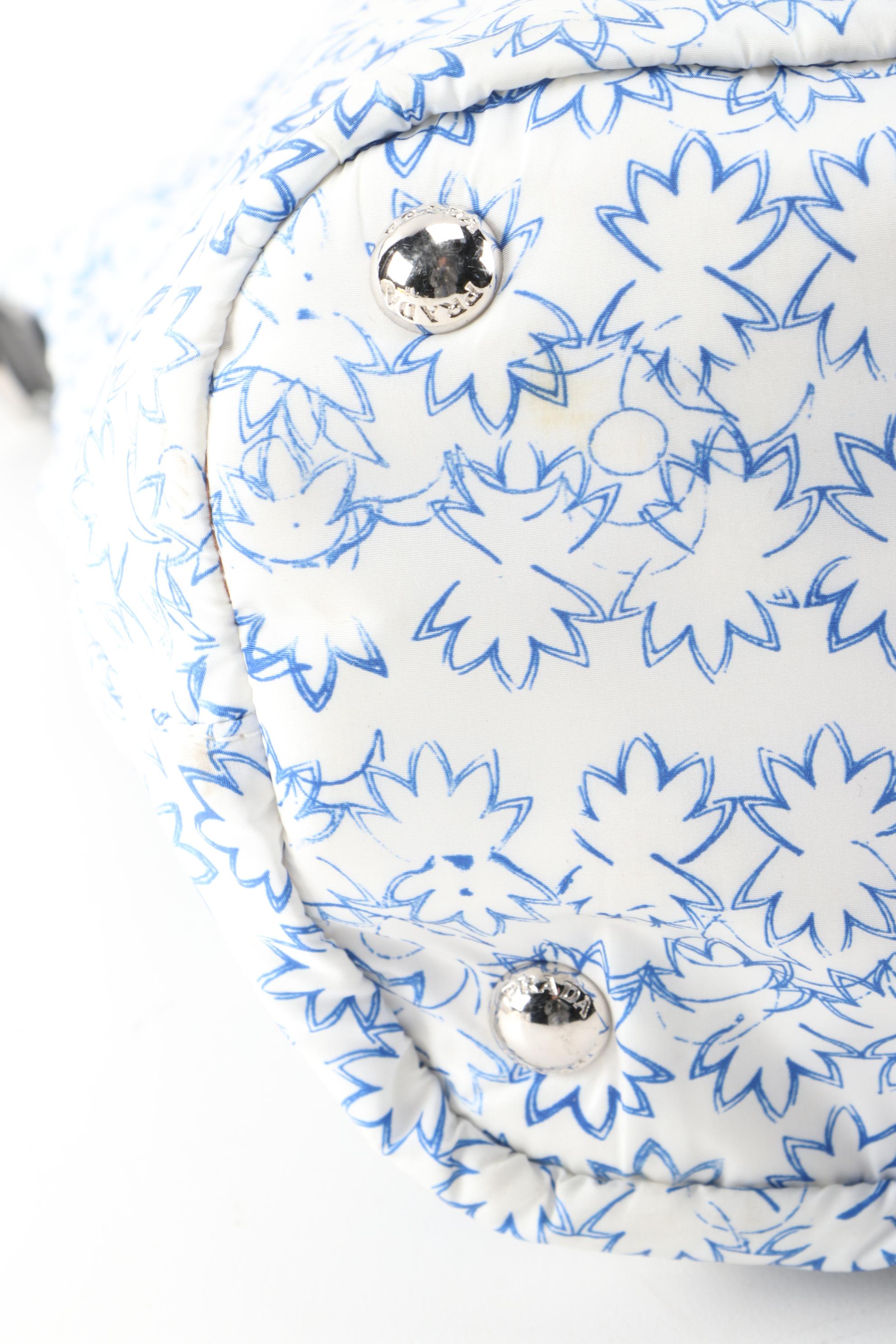 Prada Blue and White Leaf  Print Nylon and Black Saffiano Leather Tote