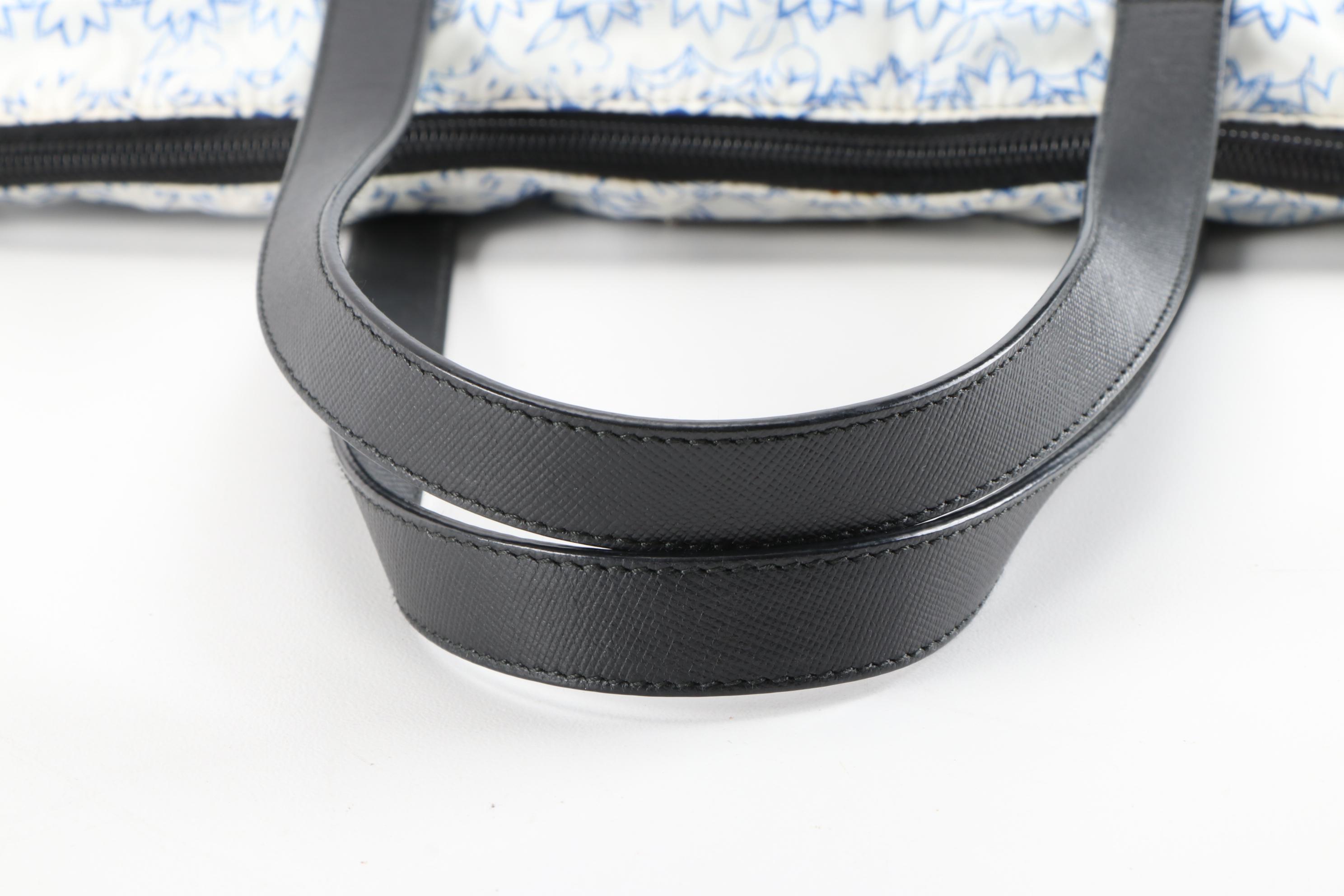 Prada Blue and White Leaf  Print Nylon and Black Saffiano Leather Tote