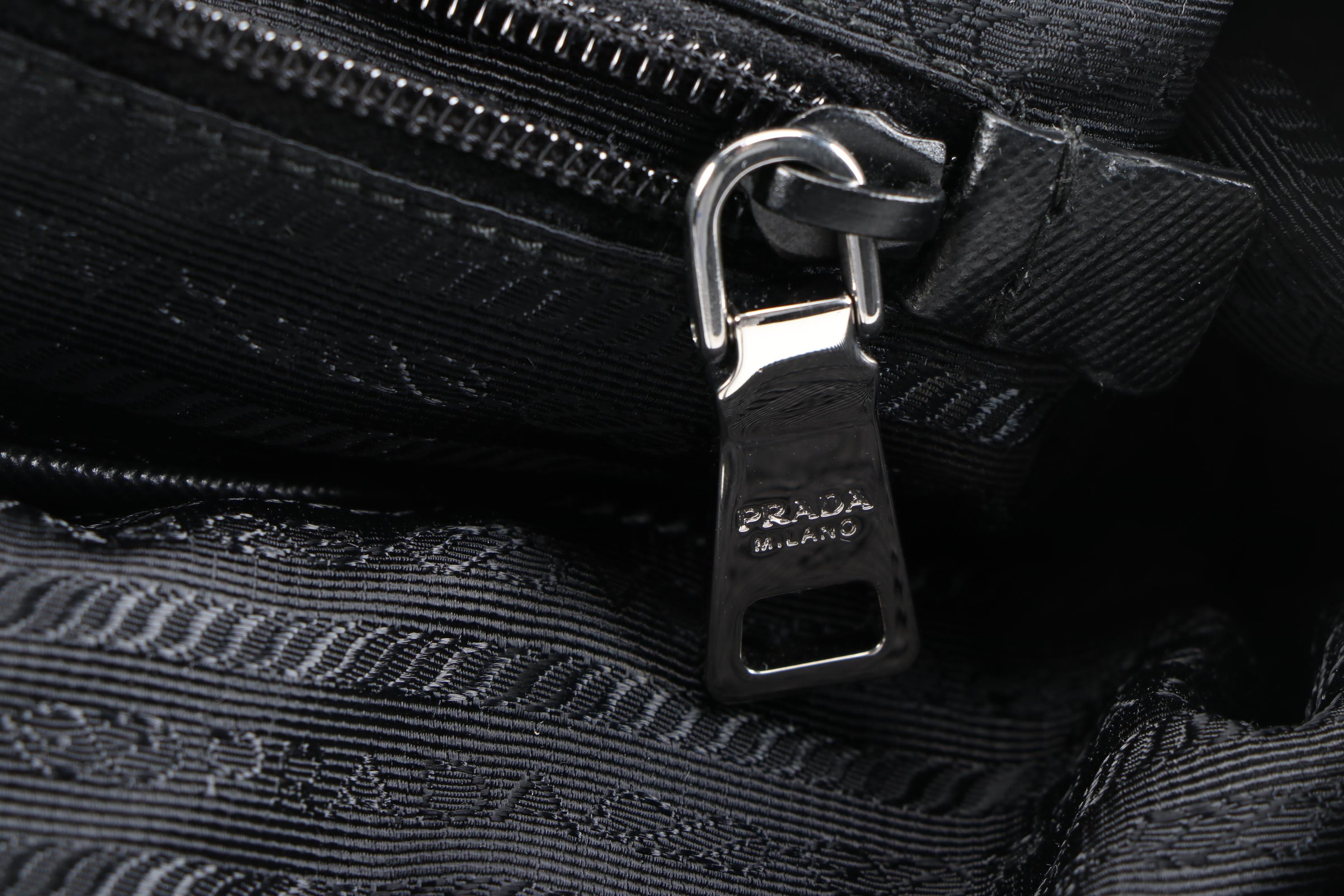 Prada Blue and White Leaf  Print Nylon and Black Saffiano Leather Tote