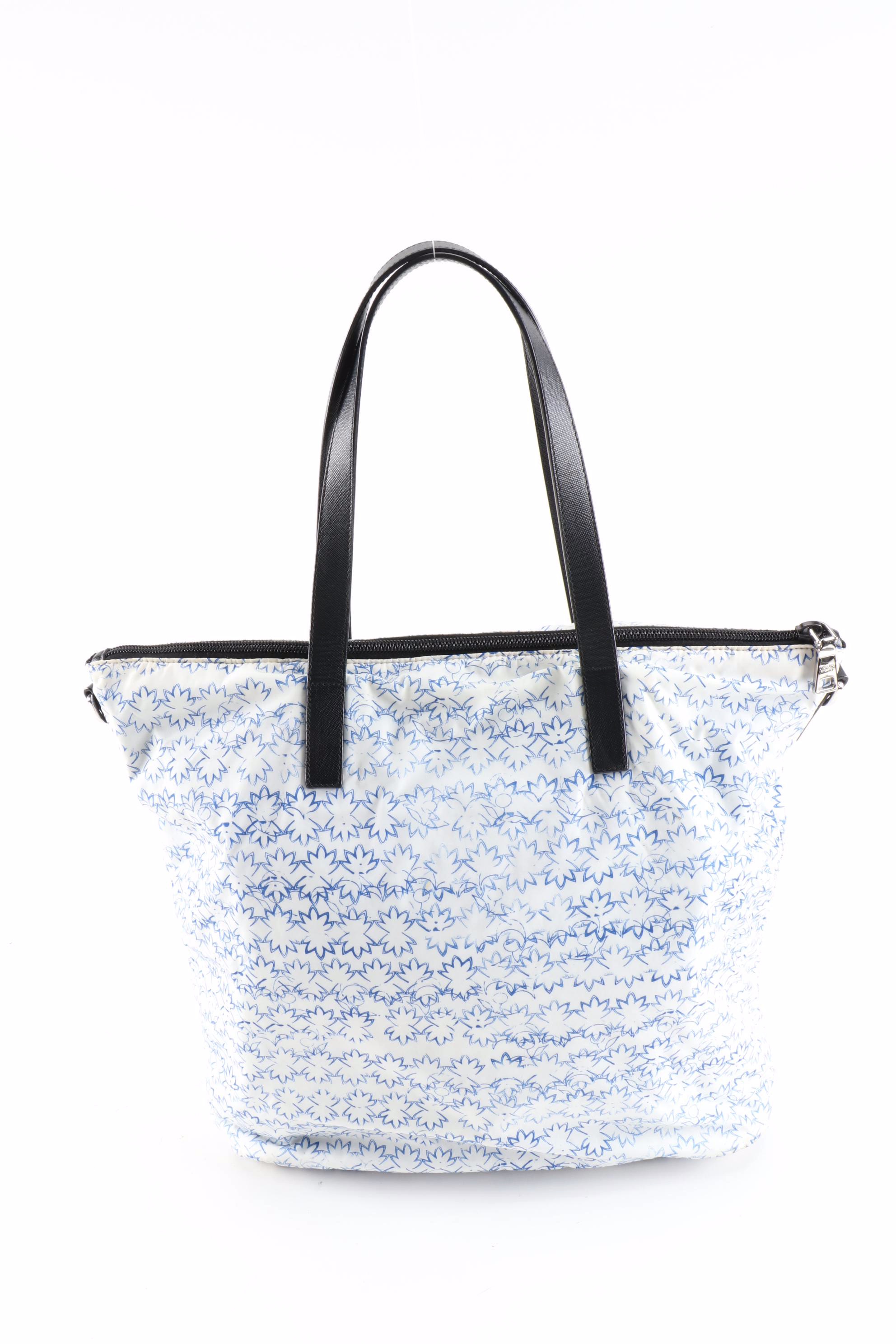 Prada Blue and White Leaf  Print Nylon and Black Saffiano Leather Tote