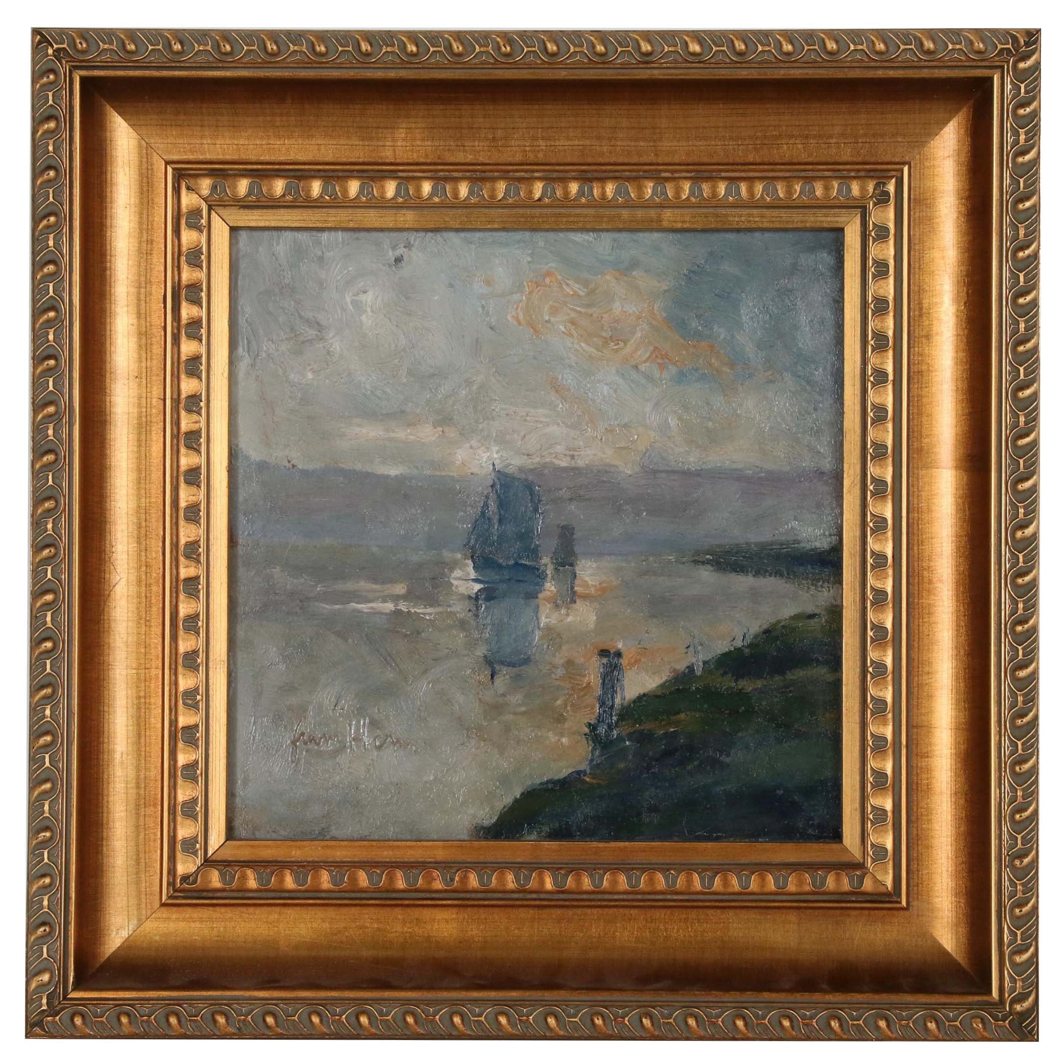Frans Hens Oil Painting on the River Scheldt, Early 20th Century