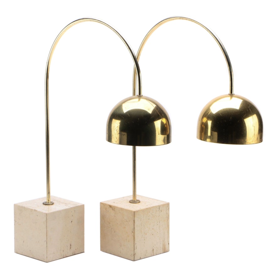 Pair of Modern Brass and Travertine Arc Table Lamps, Mid-20th Century