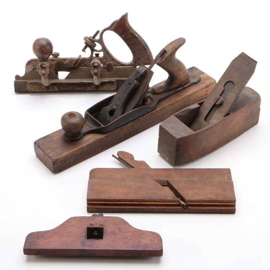 Stanley Rule Wood and Cast Hand Plane Carpenter Tools,  Early 20th Century