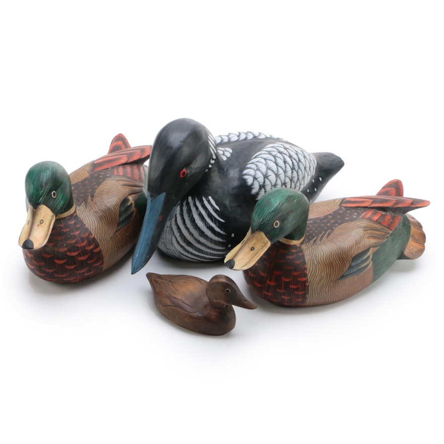 Hand-Painted Loon and Mallard Duck Decoys with Carved Wood Duck