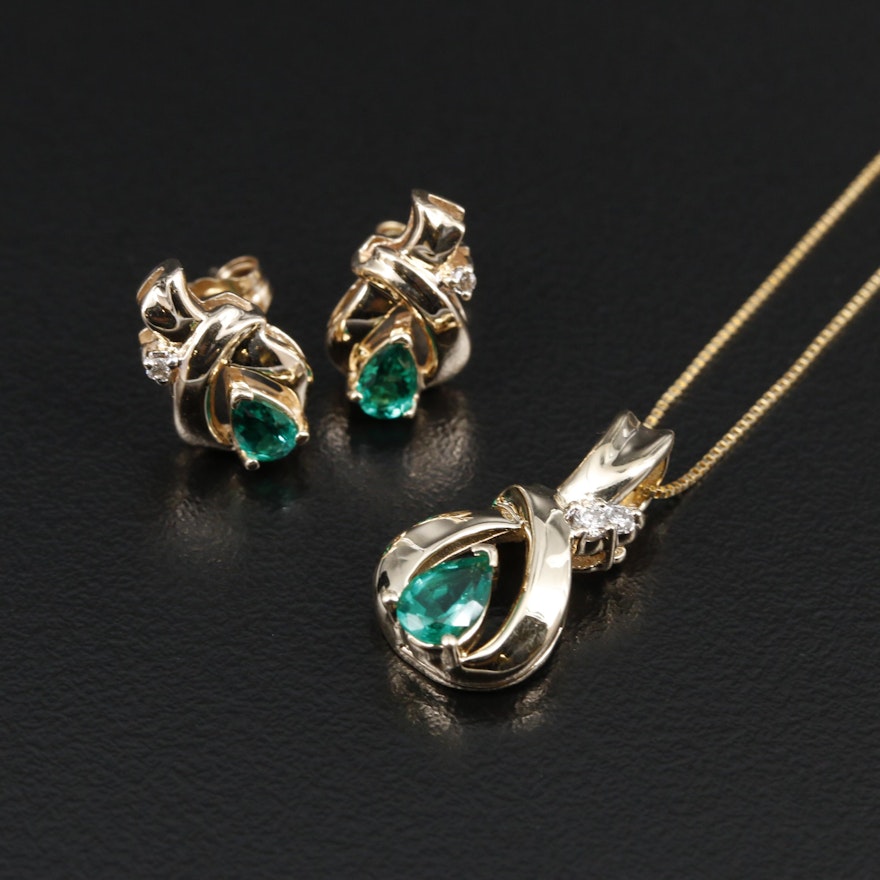 14K Yellow Gold Emerald and Diamond Earrings and Necklace