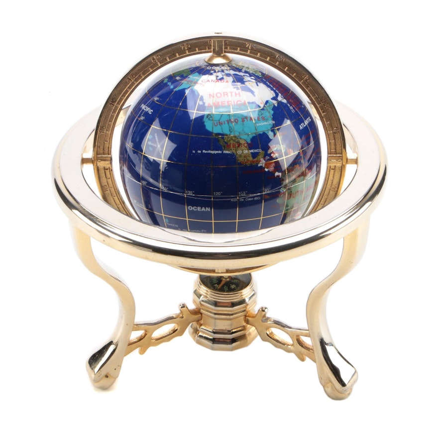 Gemstone Inlaid Lapis Resin Desk Globe with Compass