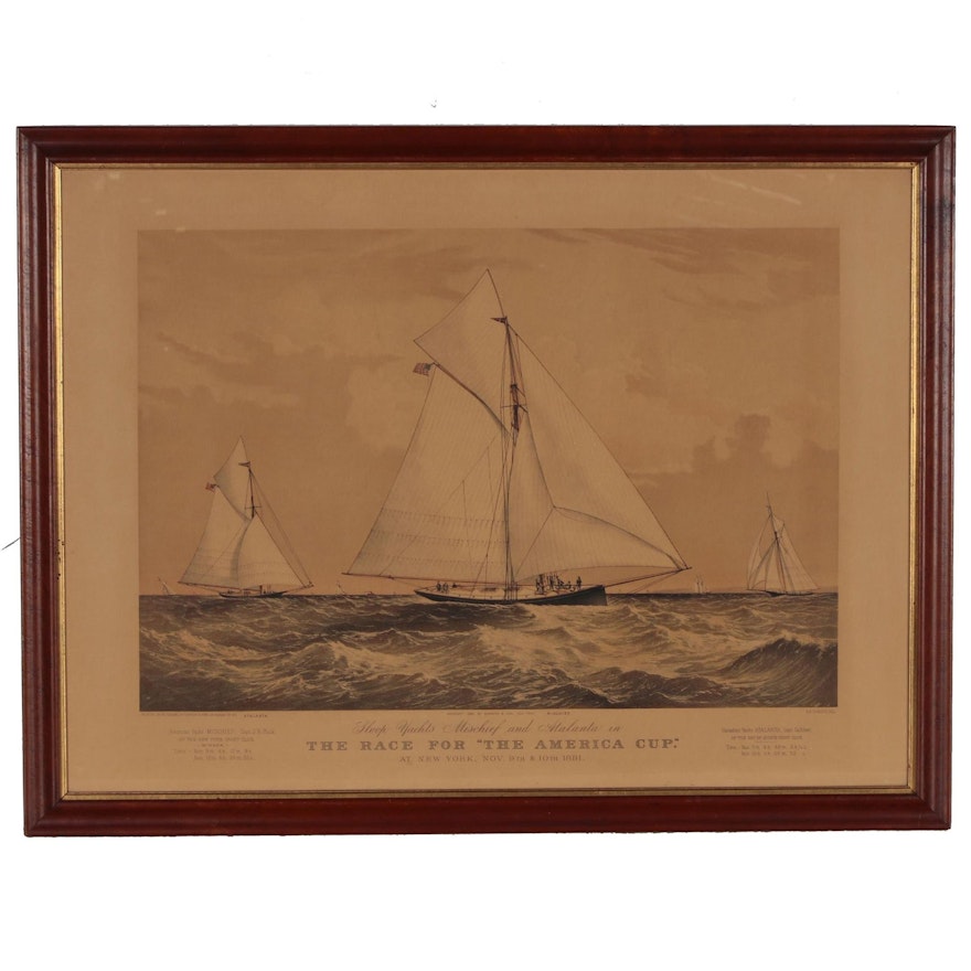 Currier & Ives Color Lithograph "The Race for 'The America Cup'"
