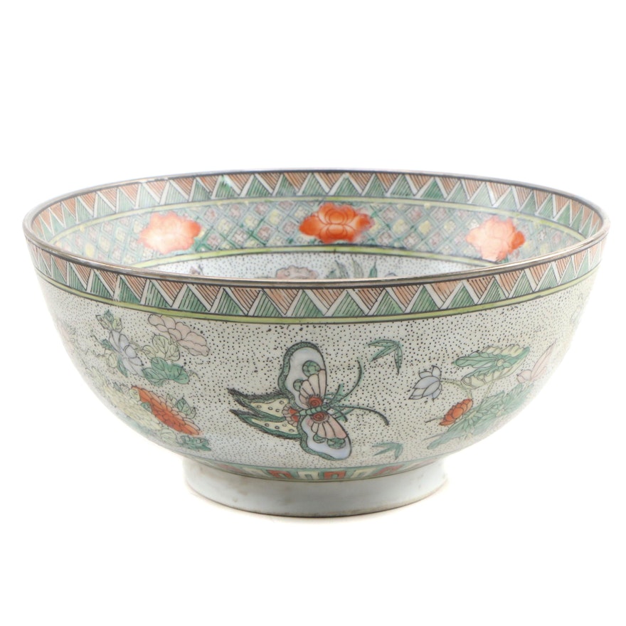 Chinese Enameled Porcelain Centerpiece Bowl with Butterfly Motif