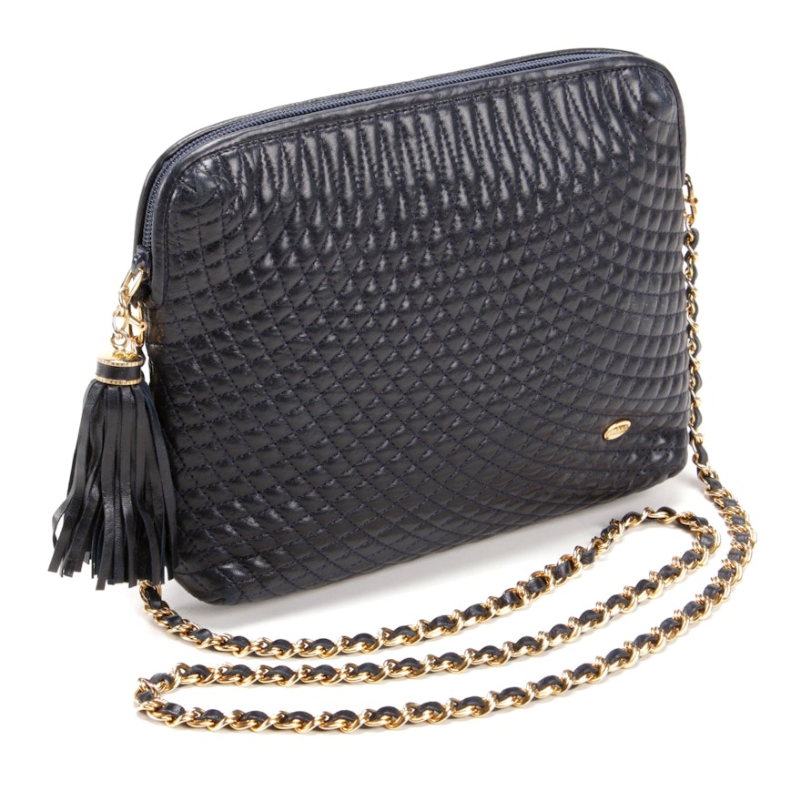 Bally Quilted Dark Navy Blue Leather Crossbody Bag with Tassel