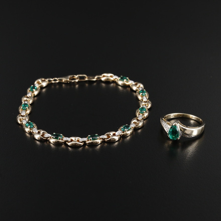 14K Gold Ring and 10K Bracelet with Synthetic Emerald and Diamond