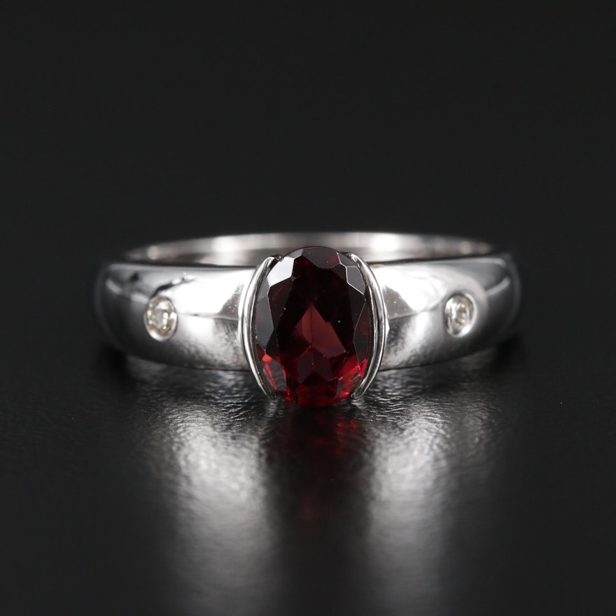 14K White Gold Garnet and Diamond Half Bezel Ring