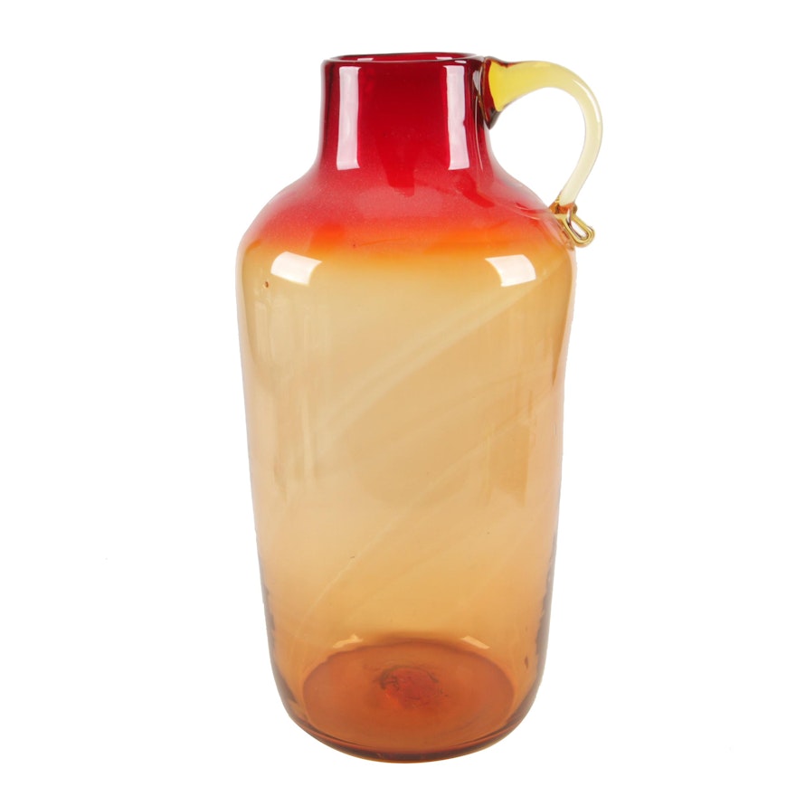 Hand-Blown Amberina Art Glass Jug with Applied Handle