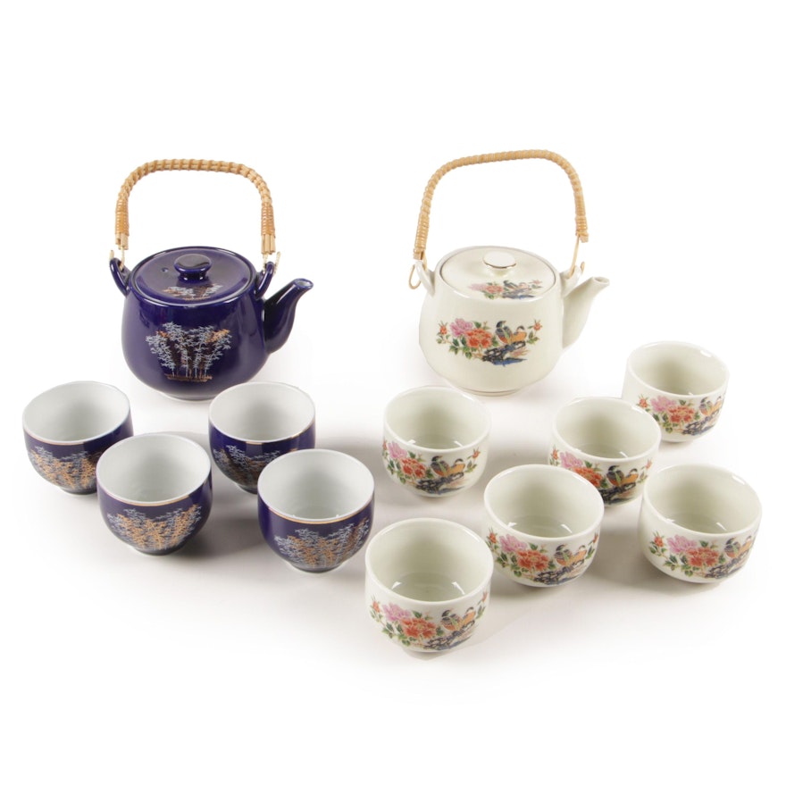 East Asian Ceramic Teapots and Footed Cups with Floral and Bamboo Motifs