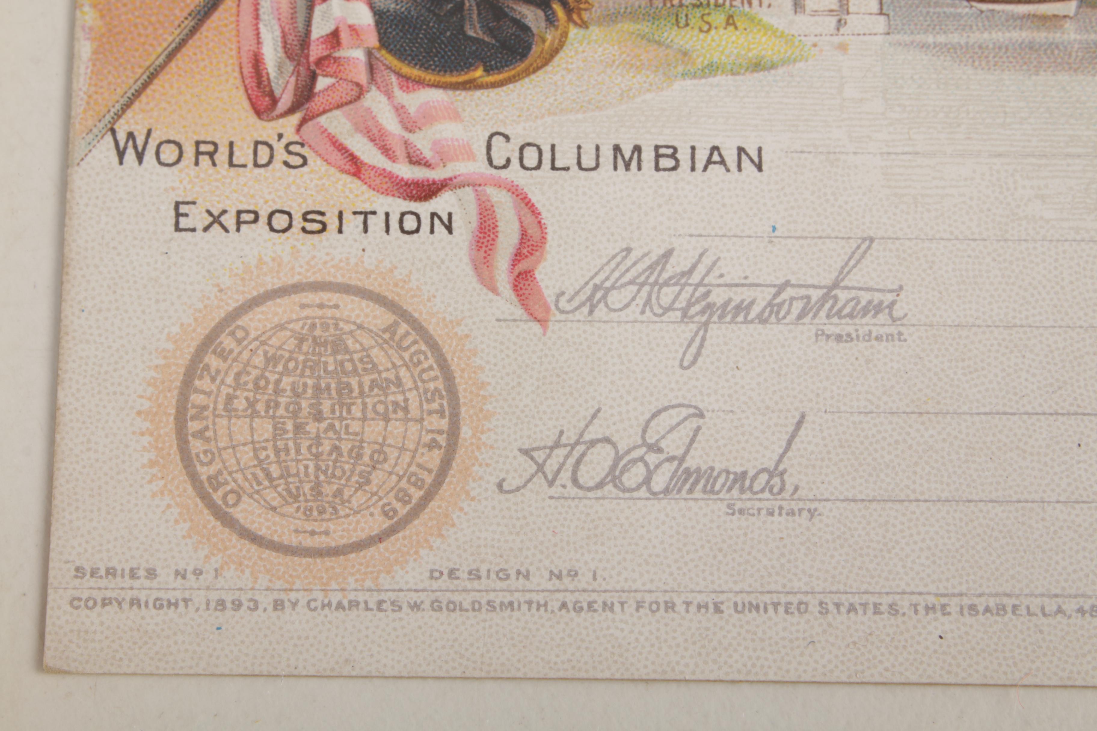 Unites States 1893 Columbian Exposition Postal Card with 1 Cent Stamp