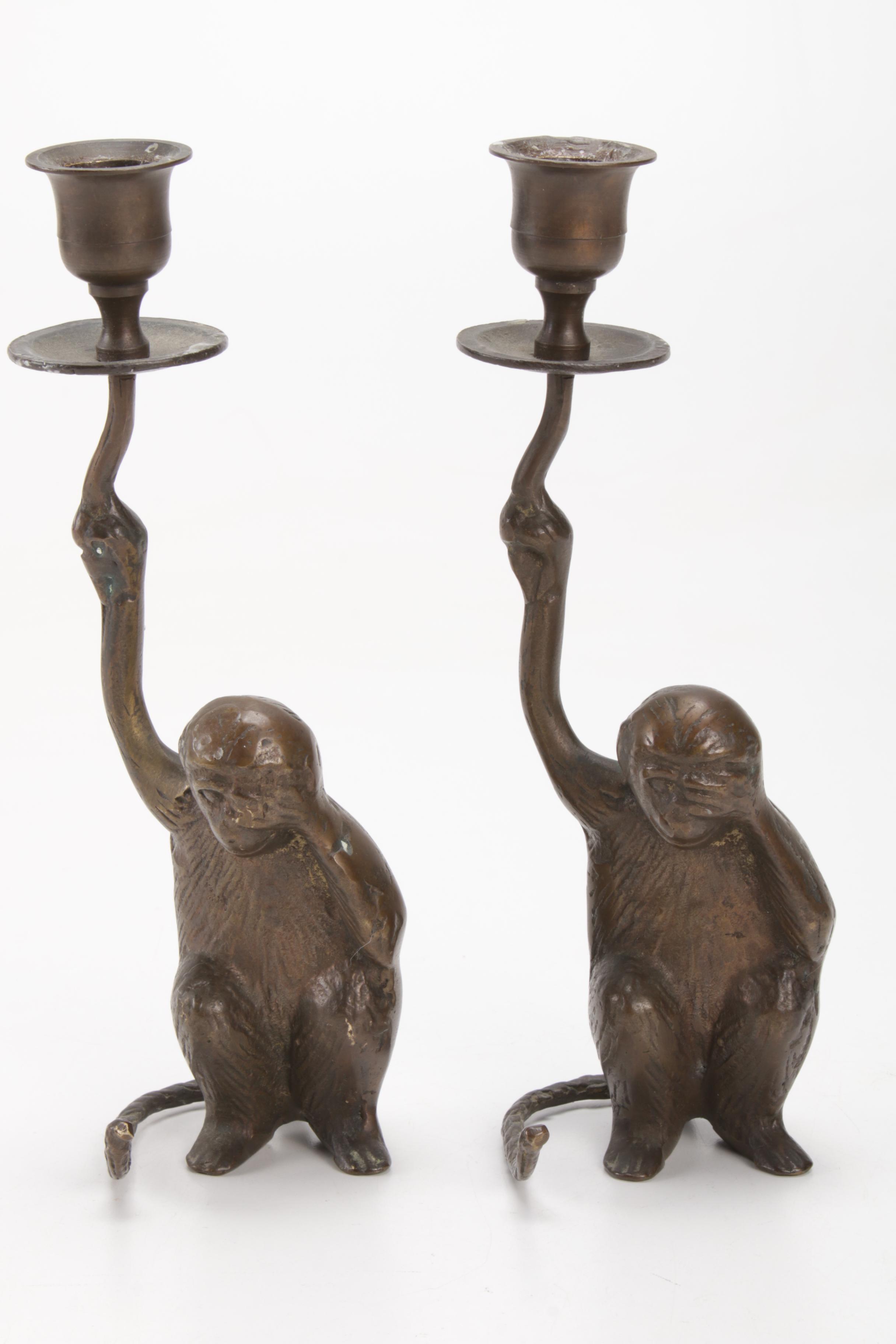 Pair of Patinated Brass Monkey Candlestick Holders, Mid to Late 20th Century