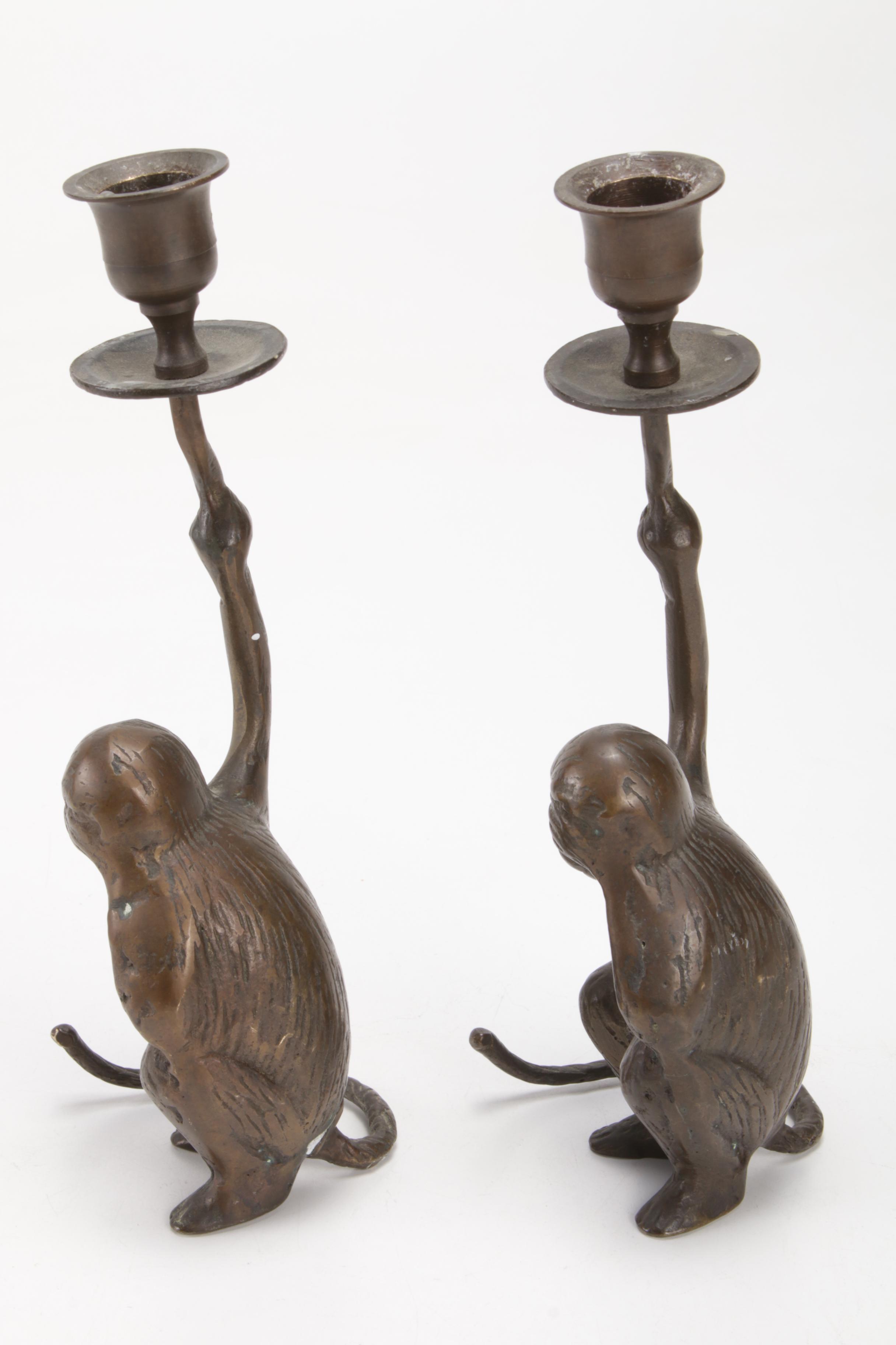 Pair of Patinated Brass Monkey Candlestick Holders, Mid to Late 20th Century