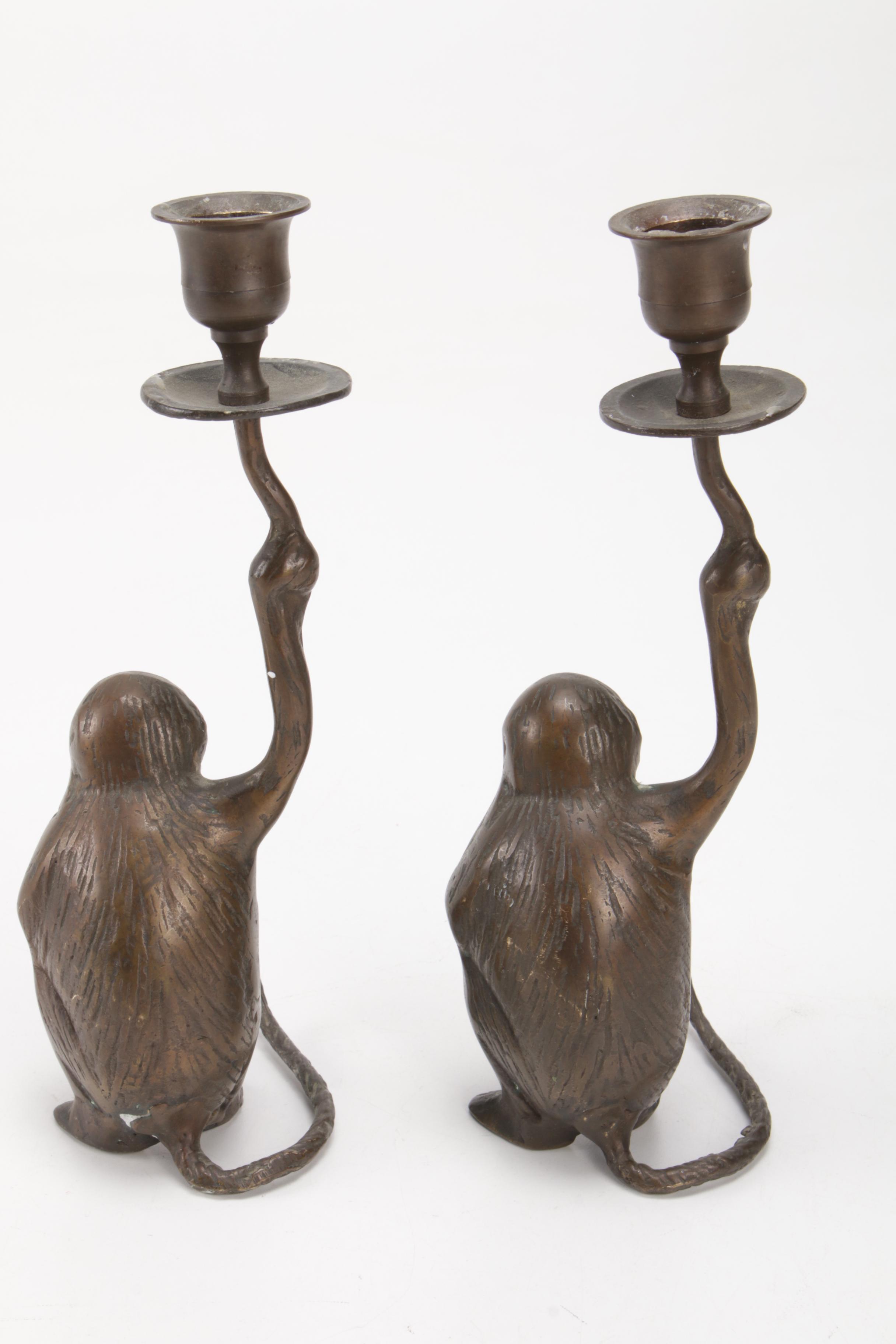 Pair of Patinated Brass Monkey Candlestick Holders, Mid to Late 20th Century