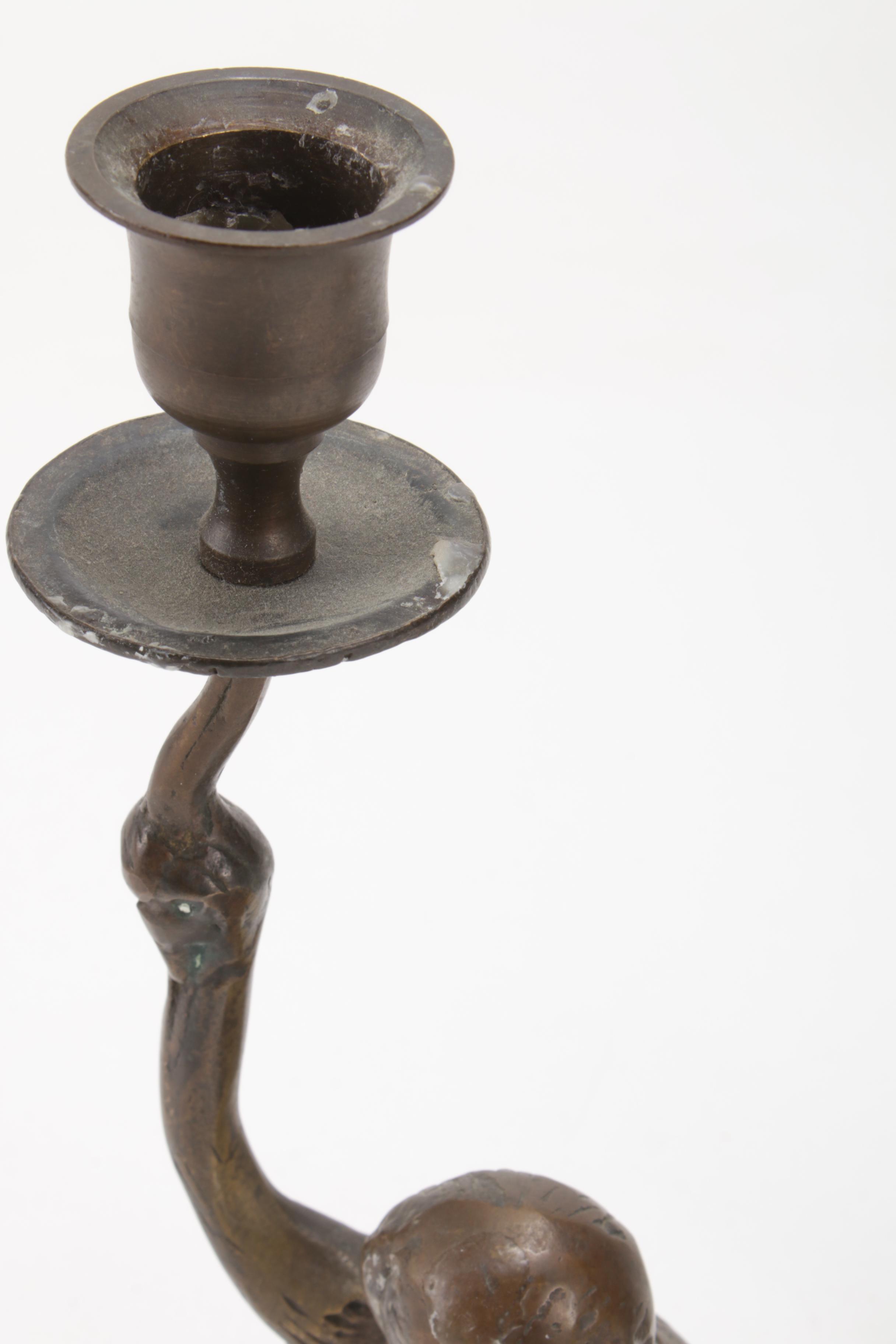 Pair of Patinated Brass Monkey Candlestick Holders, Mid to Late 20th Century