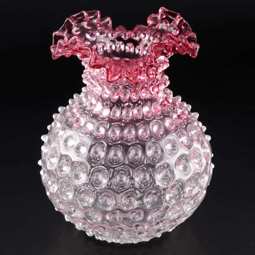 Jilek Brothers Glassworks Cranberry to Clear Hobnail Art Glass Vase, 1950s