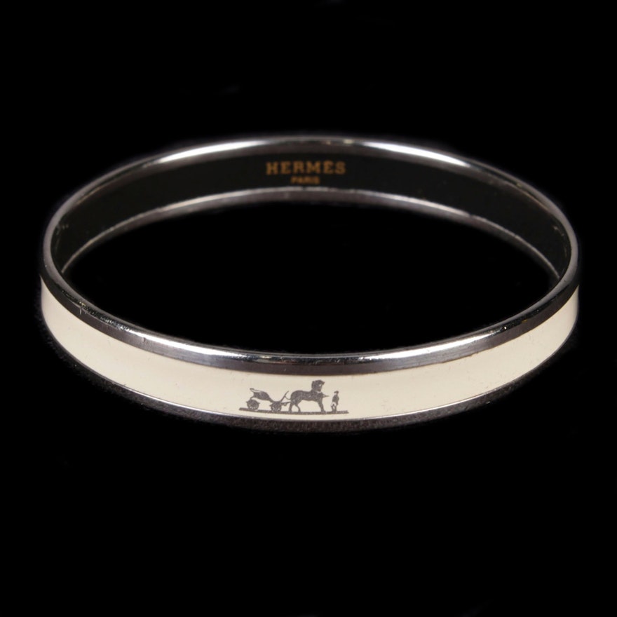 Hermès Silver Tone Enamel Logo Bangle Bracelet