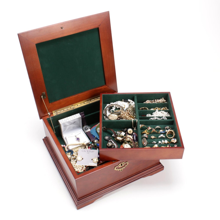 Costume Jewelry and Souvenir Handkerchiefs in Top Handled Jewelry Box