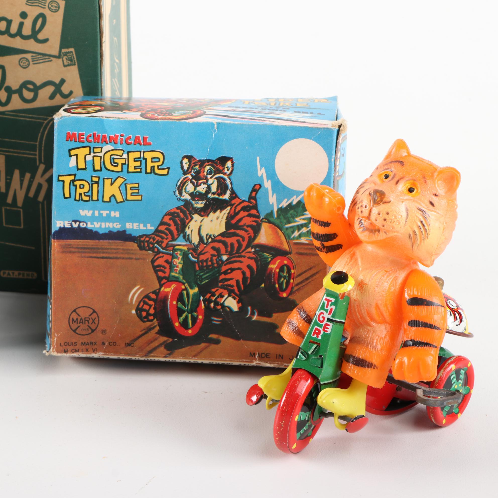 Marx Tiger Trike Wind-Up Toy, Mail Box Bank, Cap Guns, and Scout Flashlight