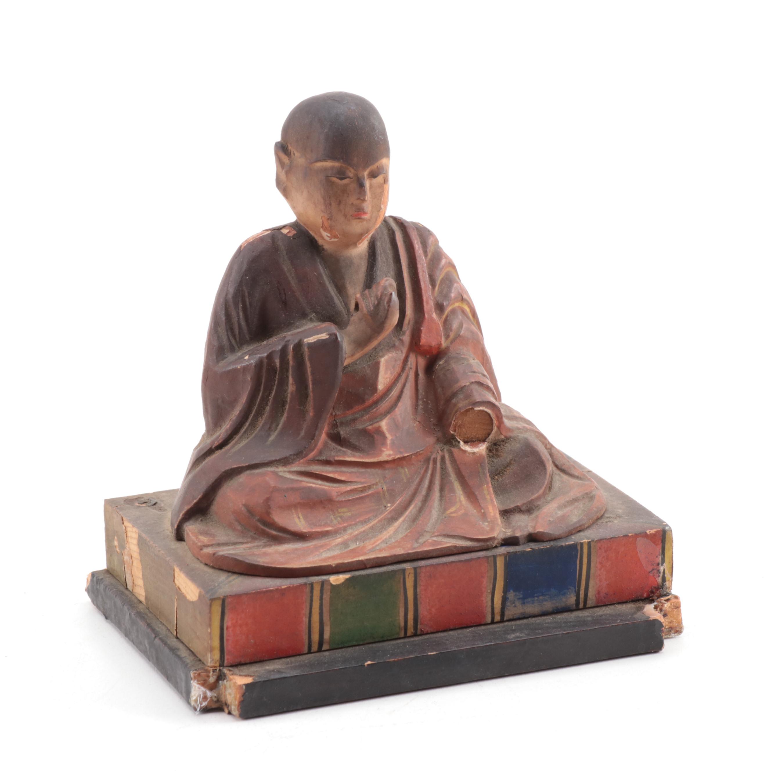 Japanese Buddhist Kūkai Polychrome Wood Sculpture