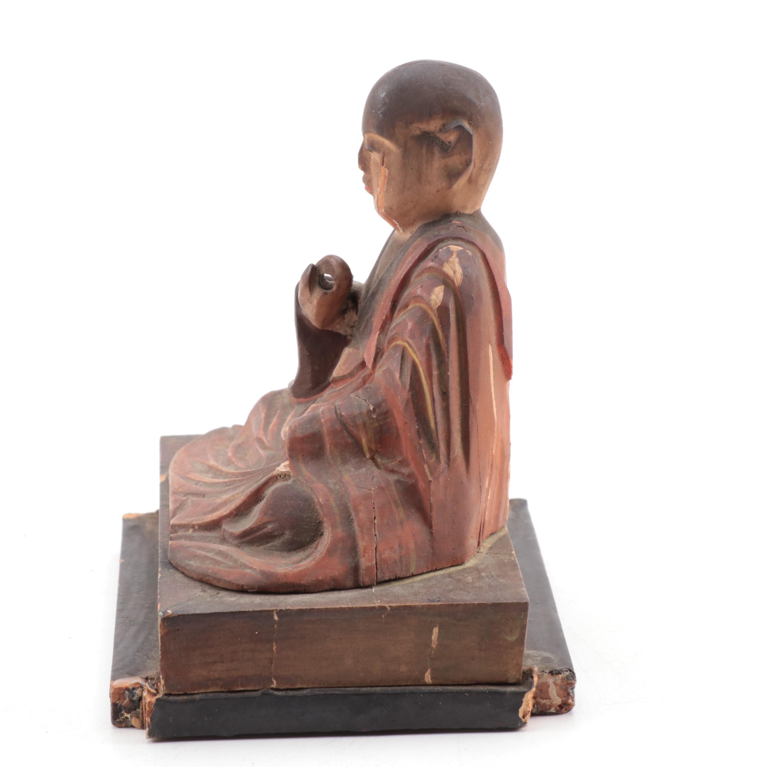 Japanese Buddhist Kūkai Polychrome Wood Sculpture