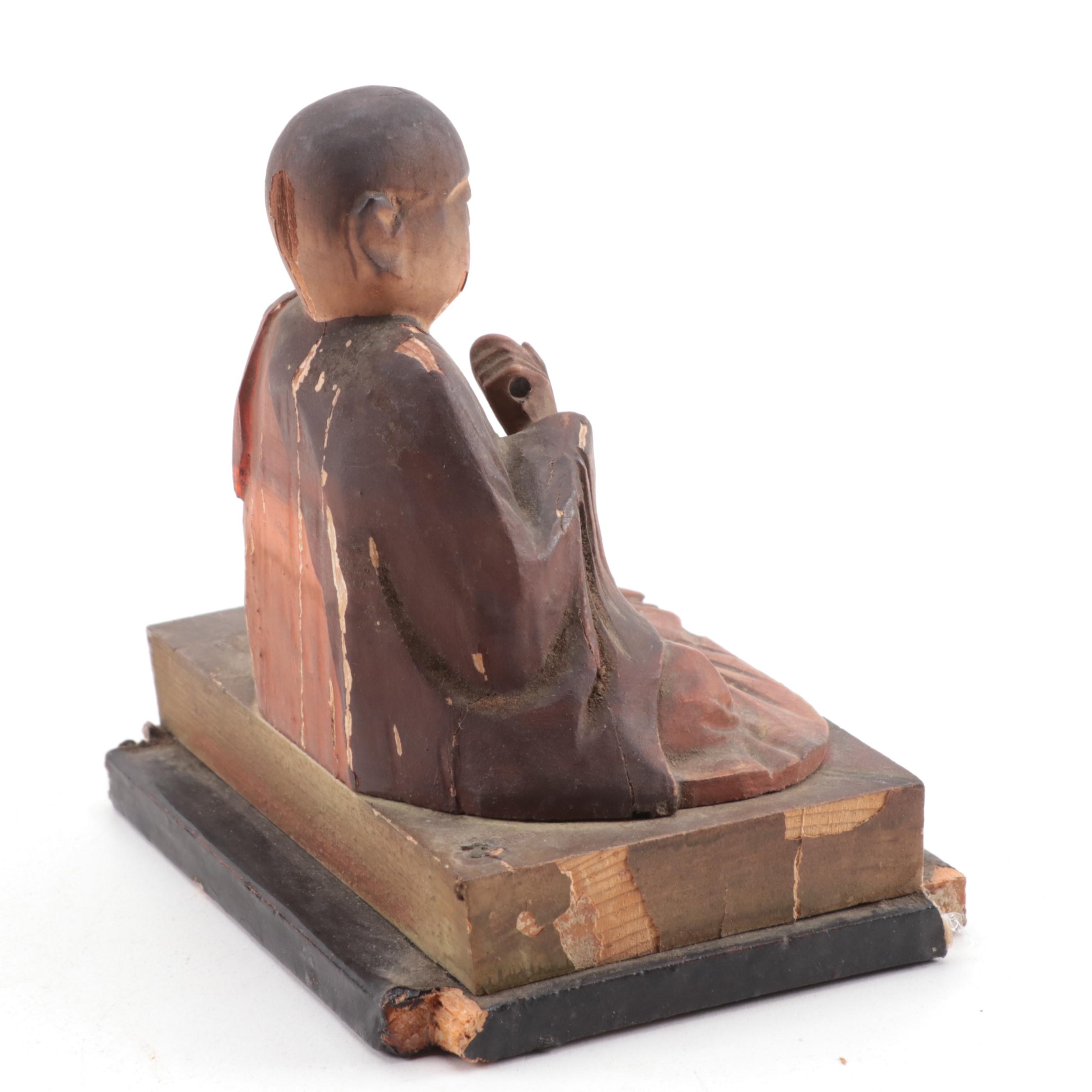 Japanese Buddhist Kūkai Polychrome Wood Sculpture