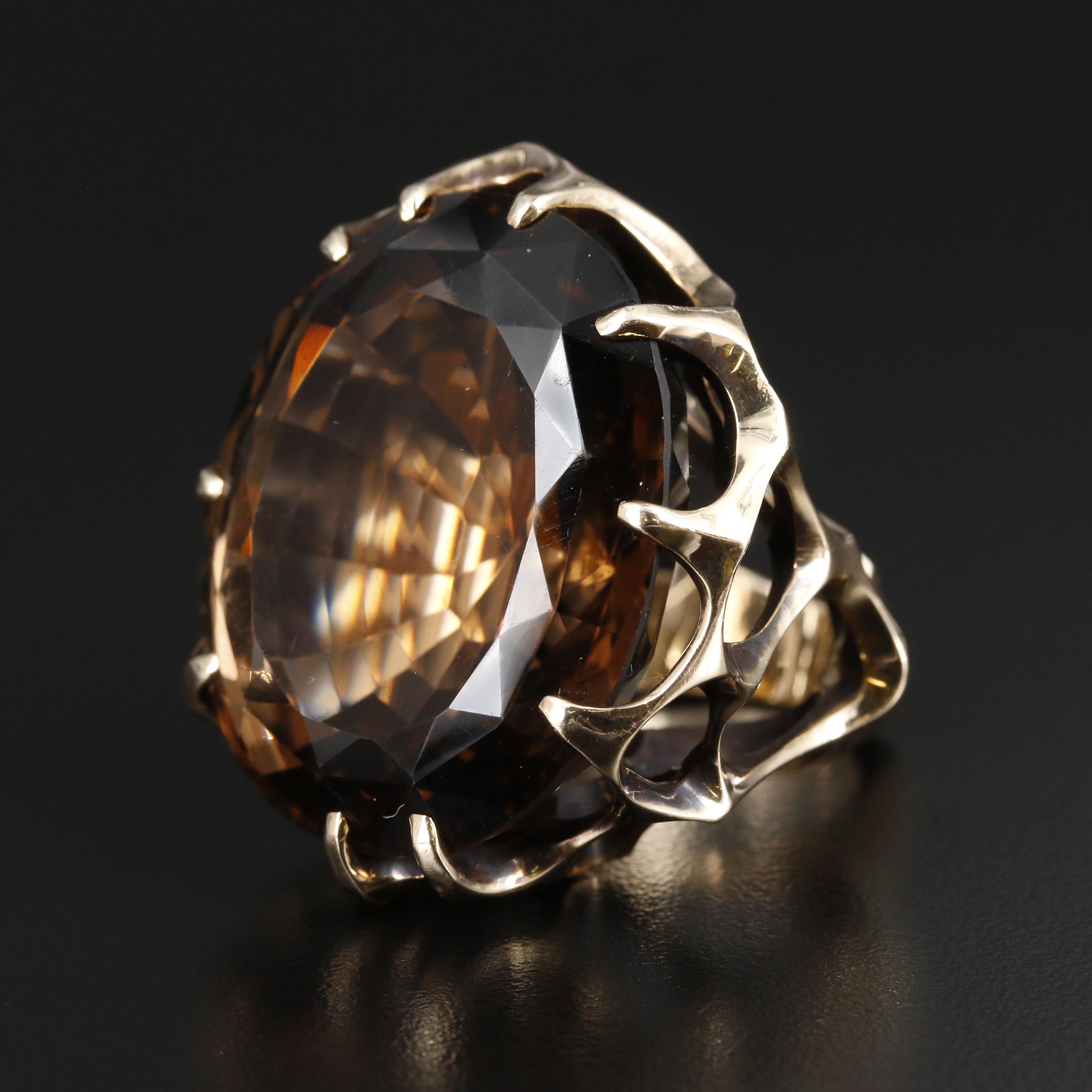 Modern Biomorphic 14K Gold 116.36 CT Smoky Quartz Statement Ring