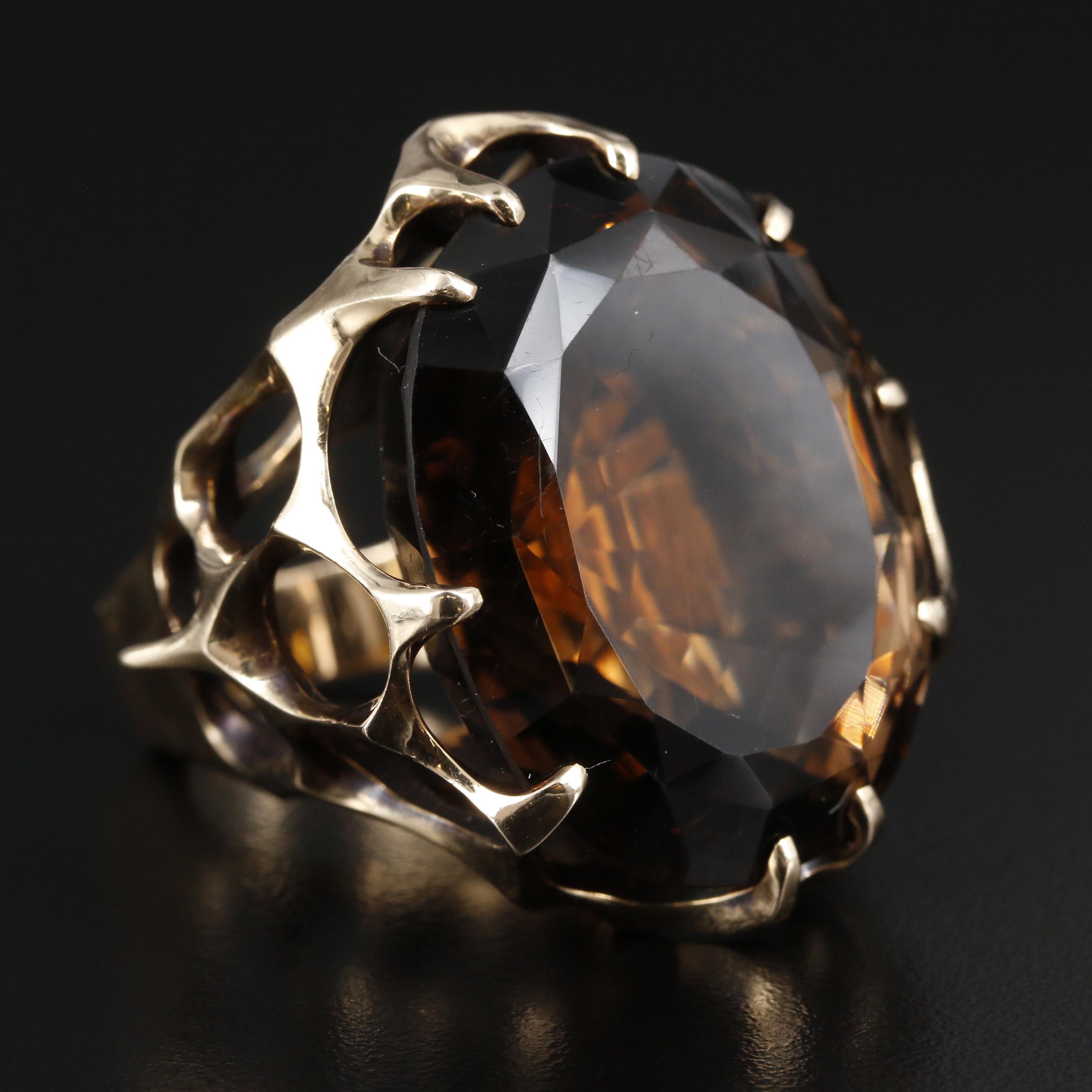 Modern Biomorphic 14K Gold 116.36 CT Smoky Quartz Statement Ring