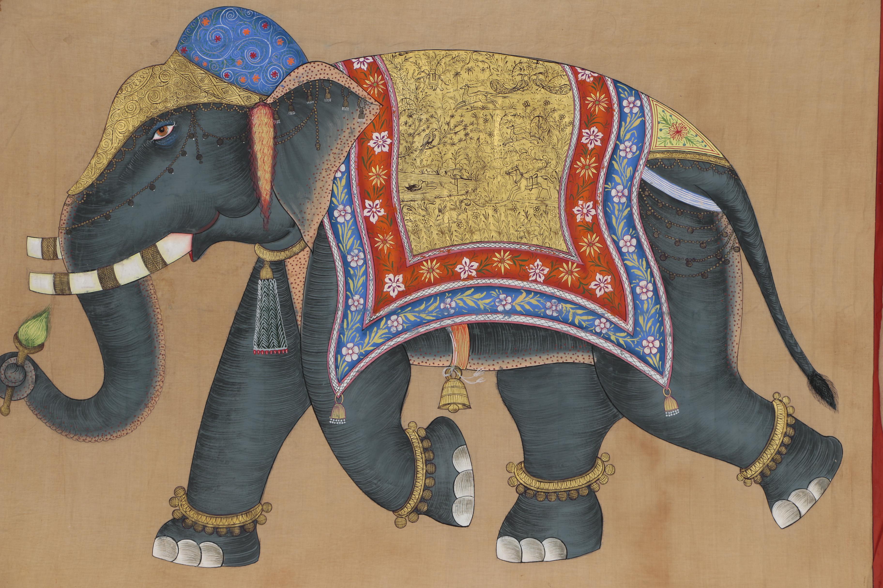 Monumental Indian Mughal Style Gouache Painting on Cloth of an Elephant
