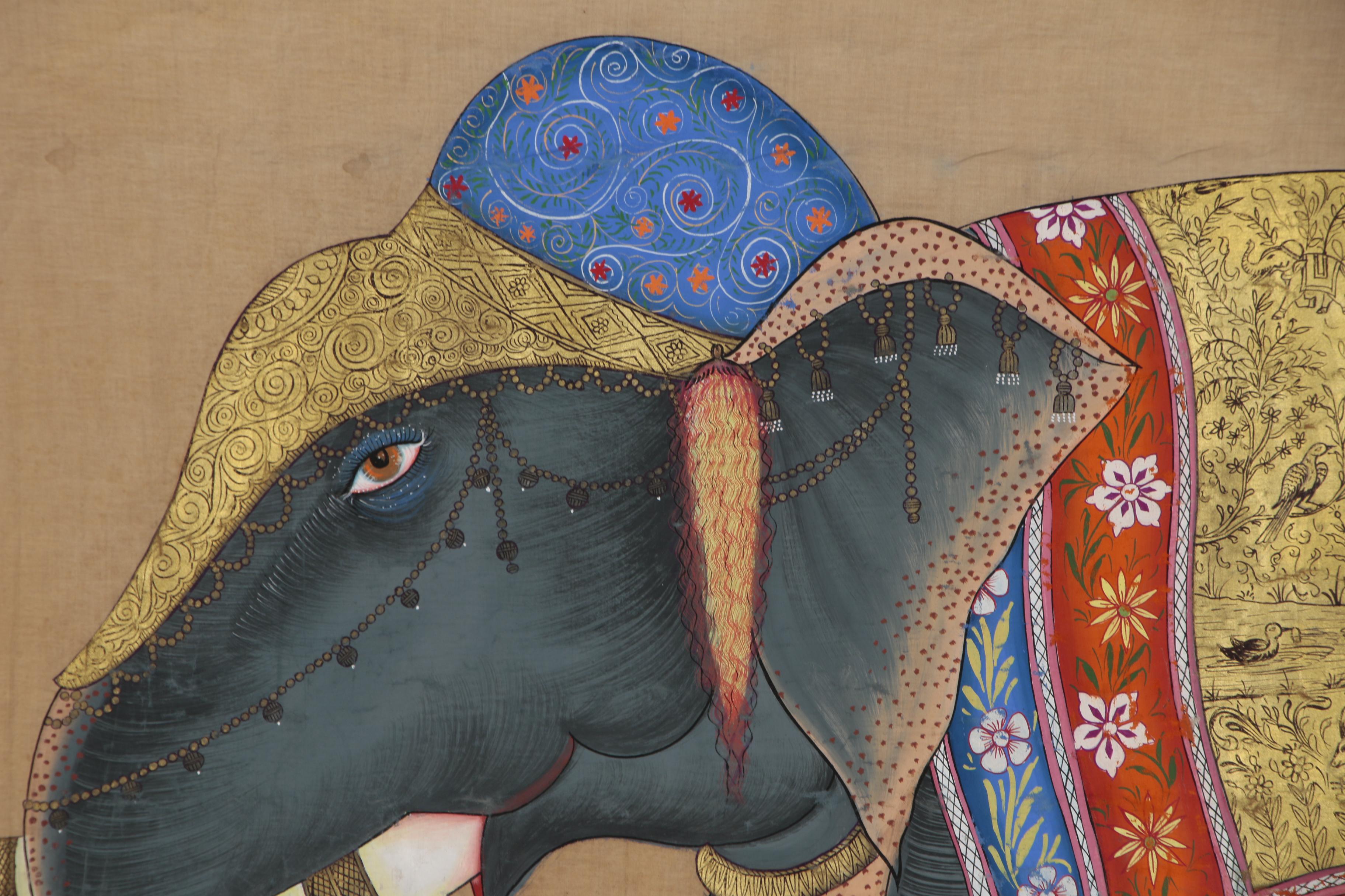 Monumental Indian Mughal Style Gouache Painting on Cloth of an Elephant