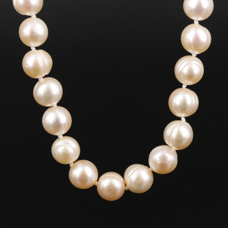 Hand Knotted Cultured Pearl Strand Necklace with 14K Yellow Gold Clasp