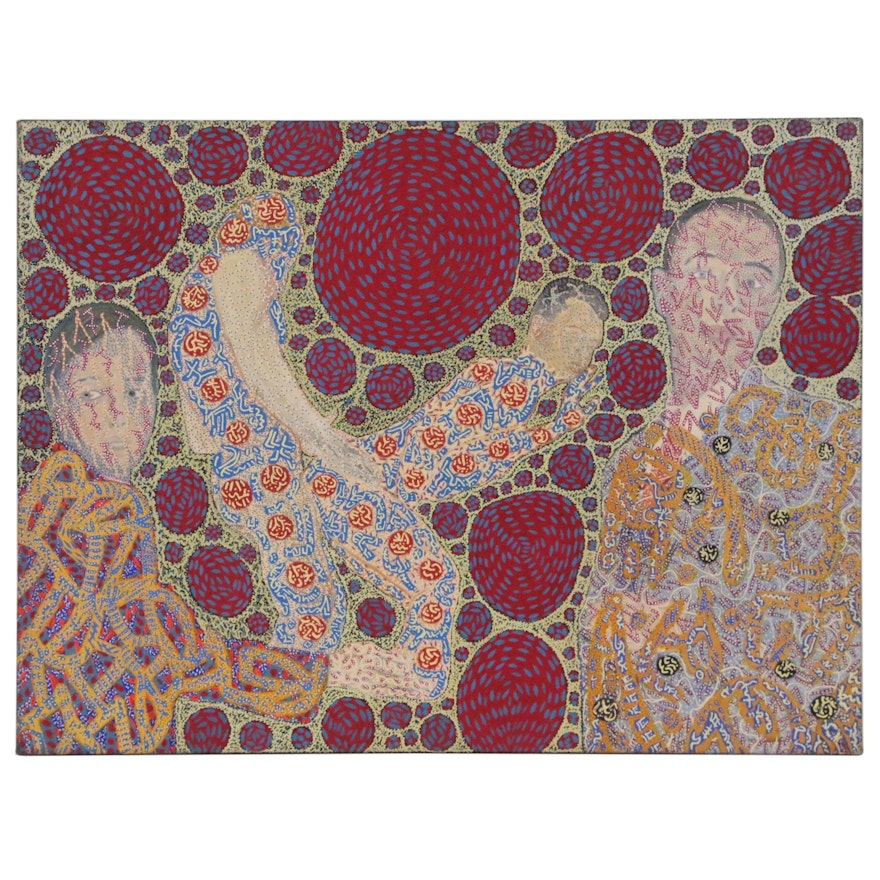 Raffaele D'Onofrio Mixed Media Painting of Figures and Patterns