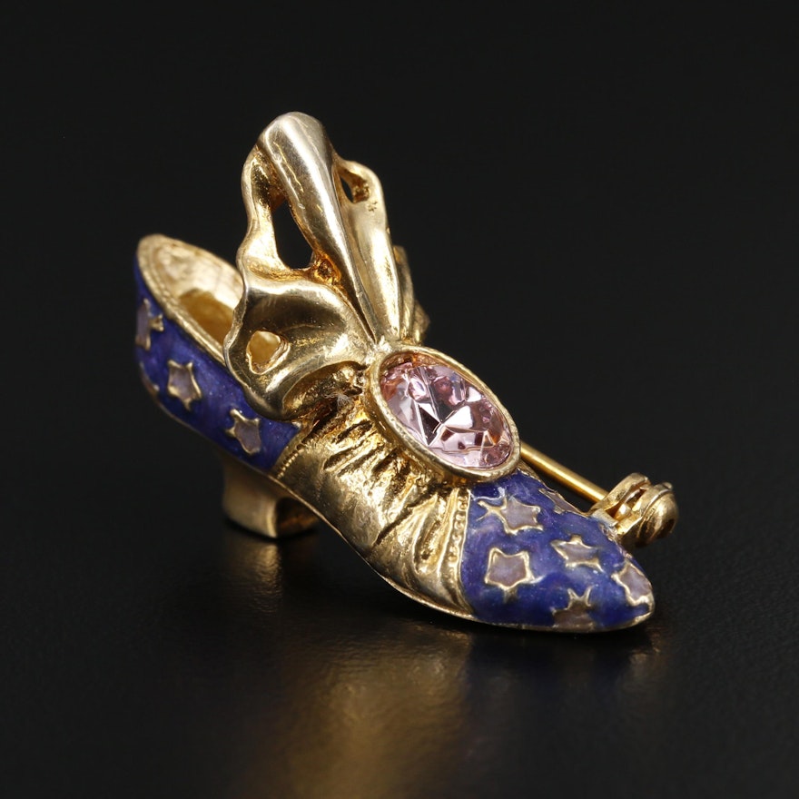Sterling Shoe Brooch with Blue Enamel Accents