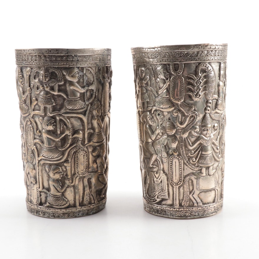 Pair of Southeast Asian Repoussé Silver Plate Vases