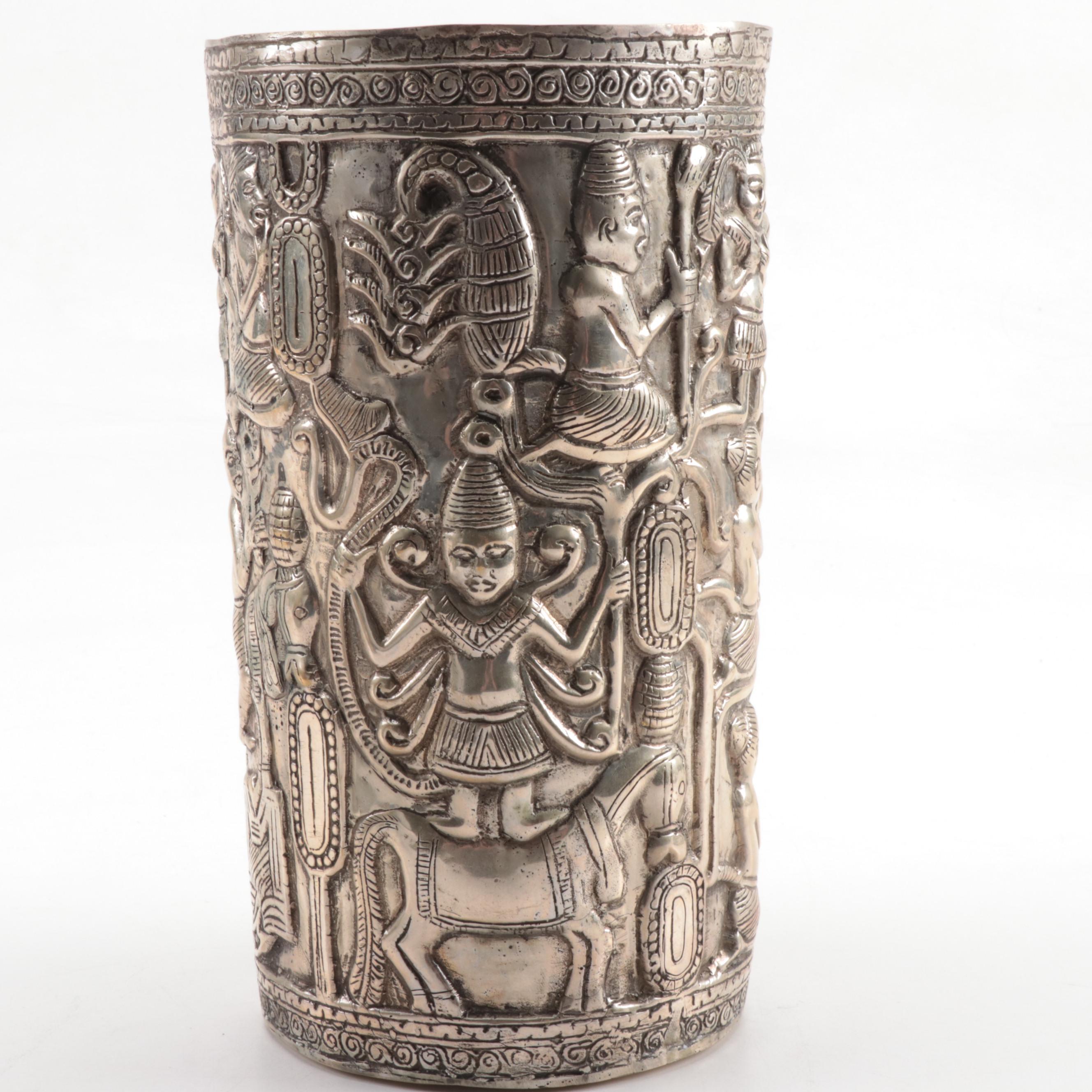 Pair of Southeast Asian Repoussé Silver Plate Vases