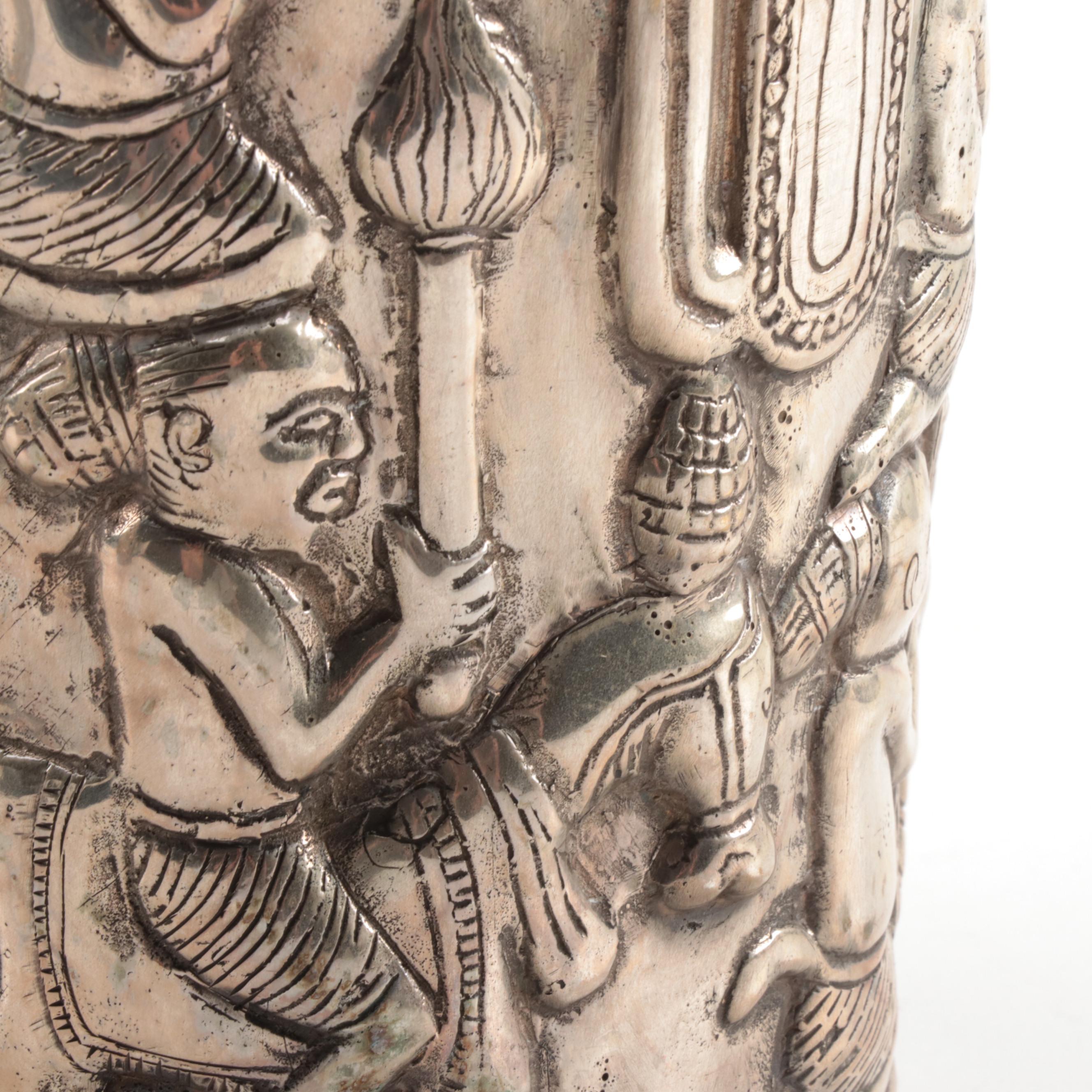 Pair of Southeast Asian Repoussé Silver Plate Vases