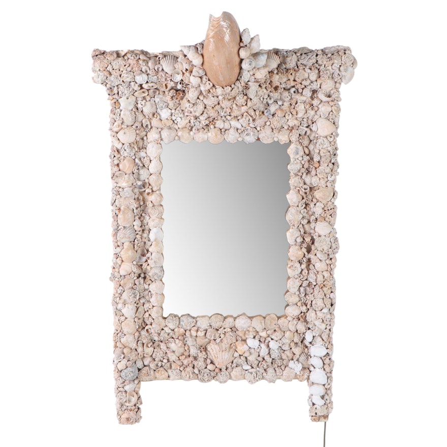 Handmade Shell-Encrusted Illuminated Wall Mirror, Mid-20th Century