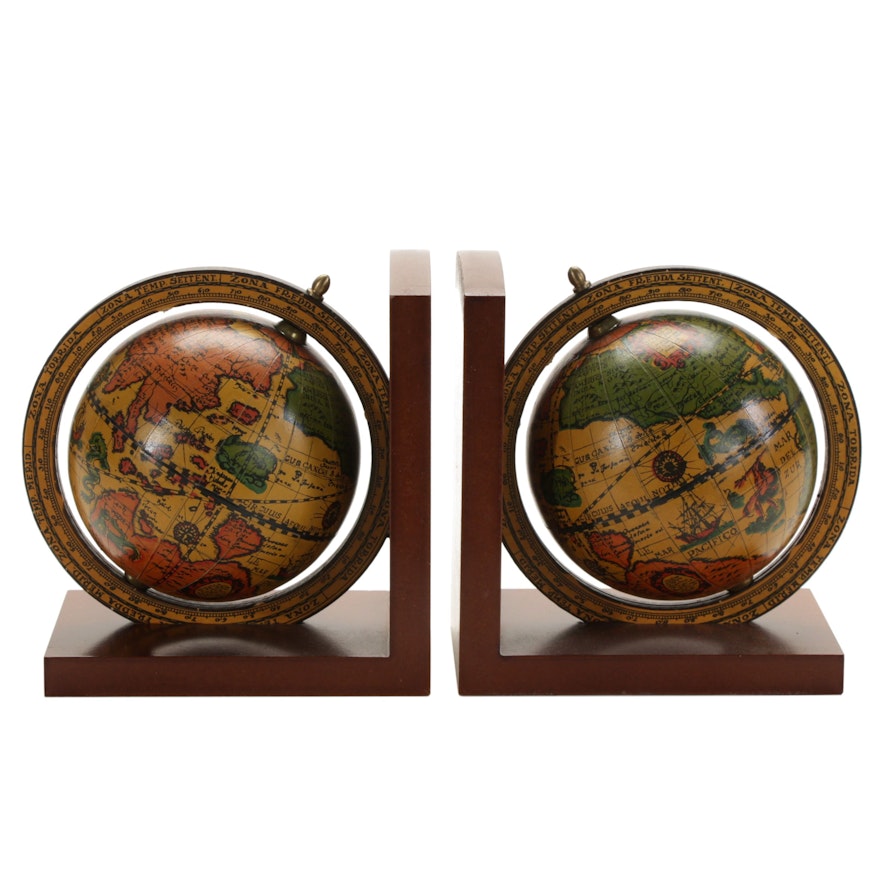 Pair of Old World Globe Wooden Bookends