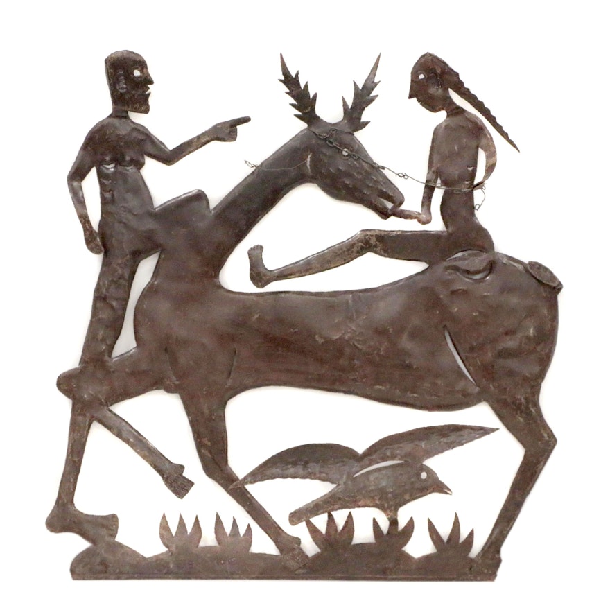 Gabriel Bien-Aime Metal Cut-Out Relief Sculpture of Figures with Deer and Bird