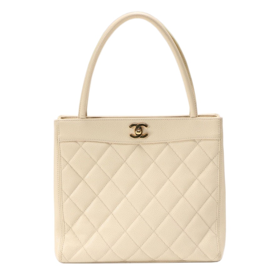 Chanel Turnlock Tote in Ivory Quilted Caviar Leather