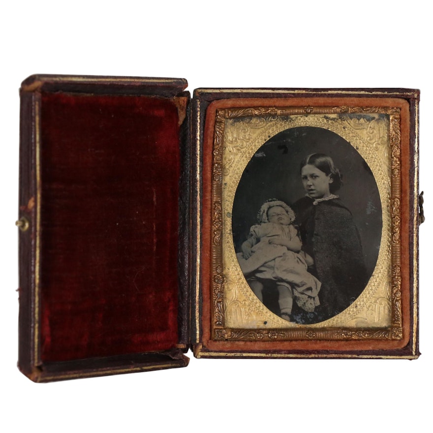 Post-Mortem Portrait Ambrotype of Young Girl and Baby, Late 19th Century