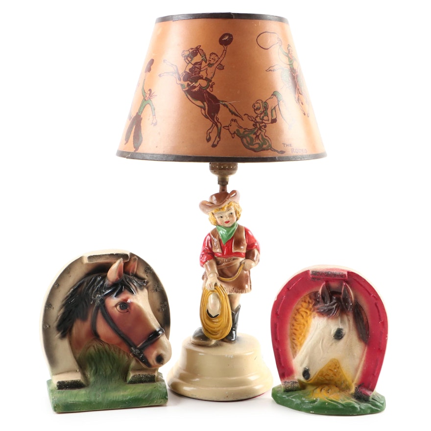 Cowgirl Rodeo Chalkware Lamp with Horseshoe Figurines, Mid-20th Century