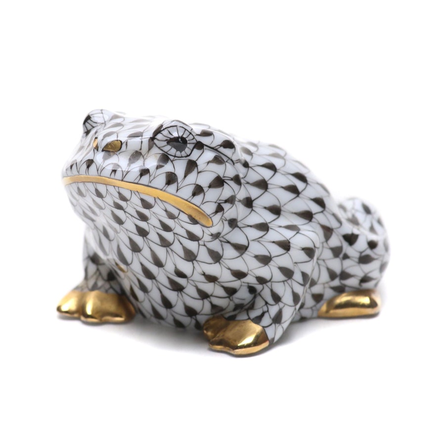 Herend Black Fishnet with Gold " Frog" Porcelain Figurine, June 1994