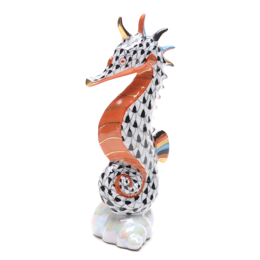 Herend Black Fishnet with Terracotta "Seahorse" Porcelain Figurine, May 1998