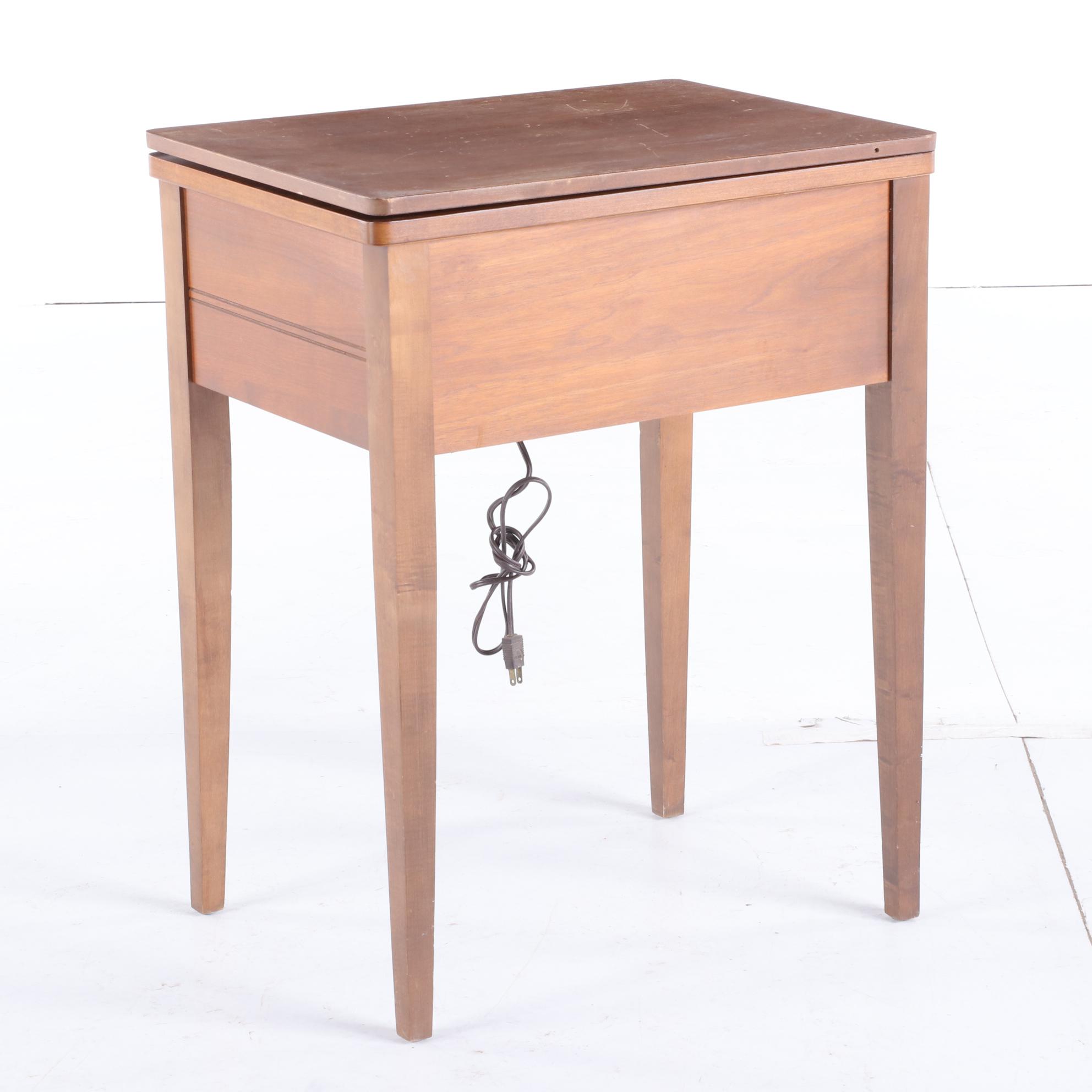 Singer Touch and Sew Sewing Machine and Walnut Sewing Cabinet, circa 1969