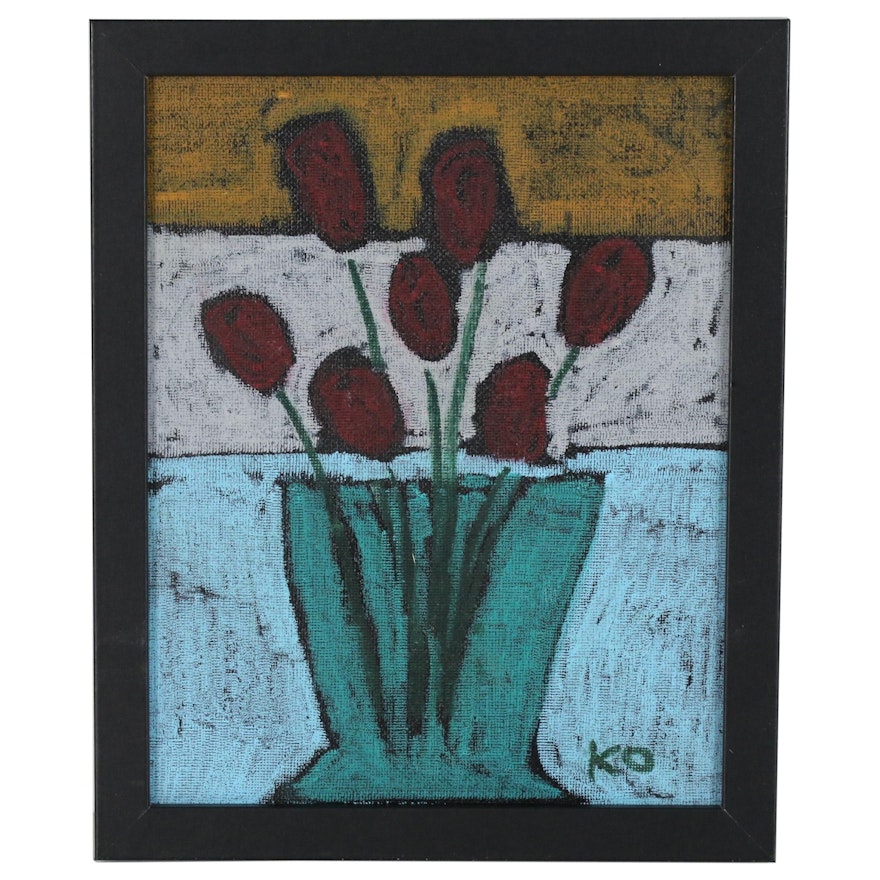 Kevin Overbeck Oil Pastel Painting "Flowers in Vase"